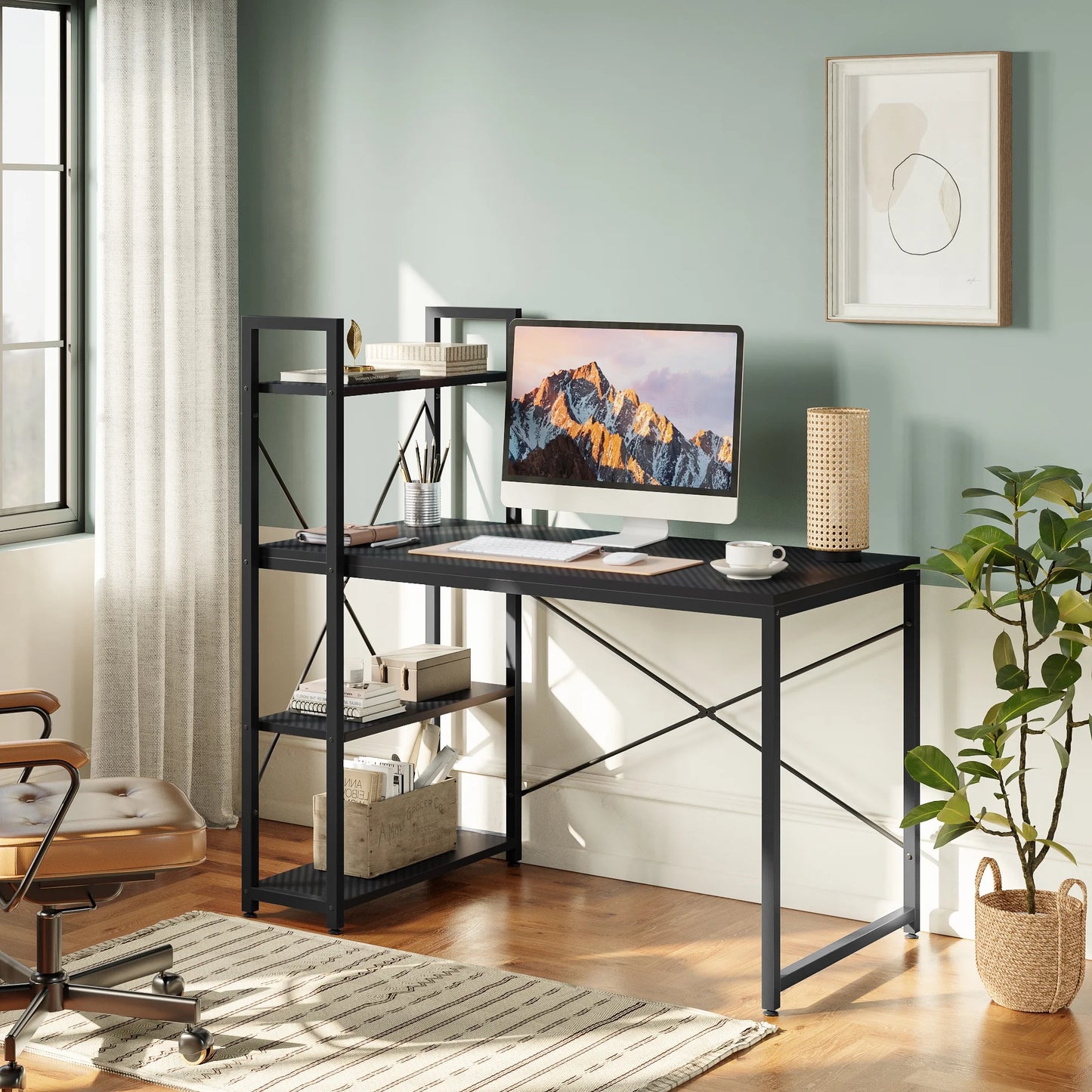 47" Computer Desk with Adjustable Shelves, Writing Desk with Reversible Bookshelf, Black 3D Carbon Fiber