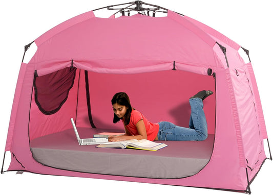 Indoor Instant Privacy Bed Tent for Sleeping,Quick Set-Up Bed Canopies,Portable Bed Drapes with Large Space and 3 Doors (Pink, Twin)