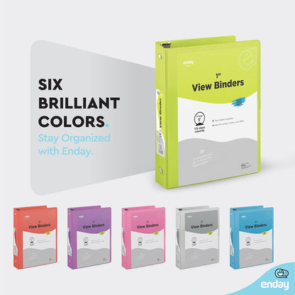 3 Ring Binder 1 Inch, 1” Clear View Cover with 2 inside Pockets round Ring Binder, Colored School Supplies Binders, in Grey, Pink, Blue, Purple, Green, and Red, Multicolor (6 PC) – by