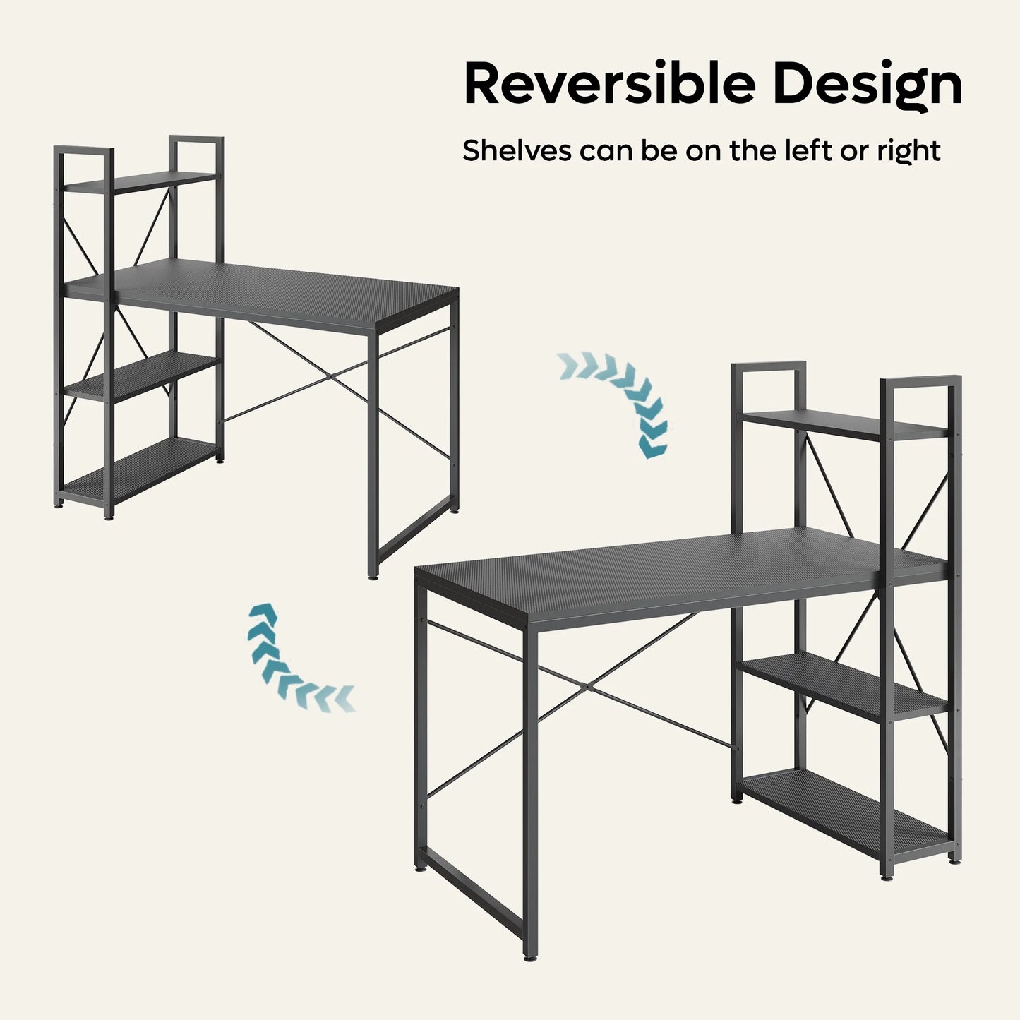 47" Computer Desk with Adjustable Shelves, Writing Desk with Reversible Bookshelf, Black 3D Carbon Fiber