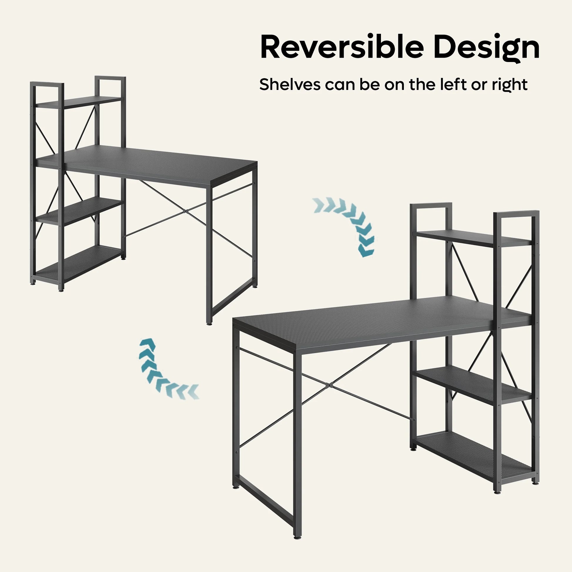 47" Computer Desk with Adjustable Shelves, Writing Desk with Reversible Bookshelf, Black 3D Carbon Fiber