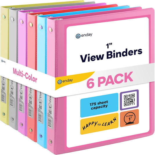 3 Ring Binder 1 Inch, 1” Clear View Cover with 2 inside Pockets round Ring Binder, Colored School Supplies Binders, in Grey, Pink, Blue, Purple, Green, and Red, Multicolor (6 PC) – by