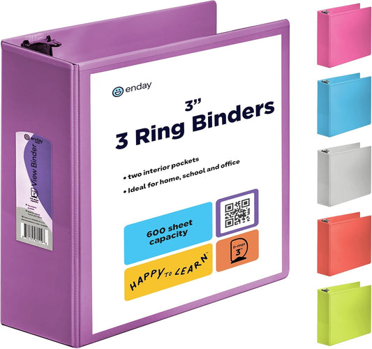 3 Inch Binder 3 Ring Binders Purple, Slant D-Ring 3” Clear View Cover with 2 inside Pockets, Heavy Duty Colored School Supplies Office and Home Binders – by