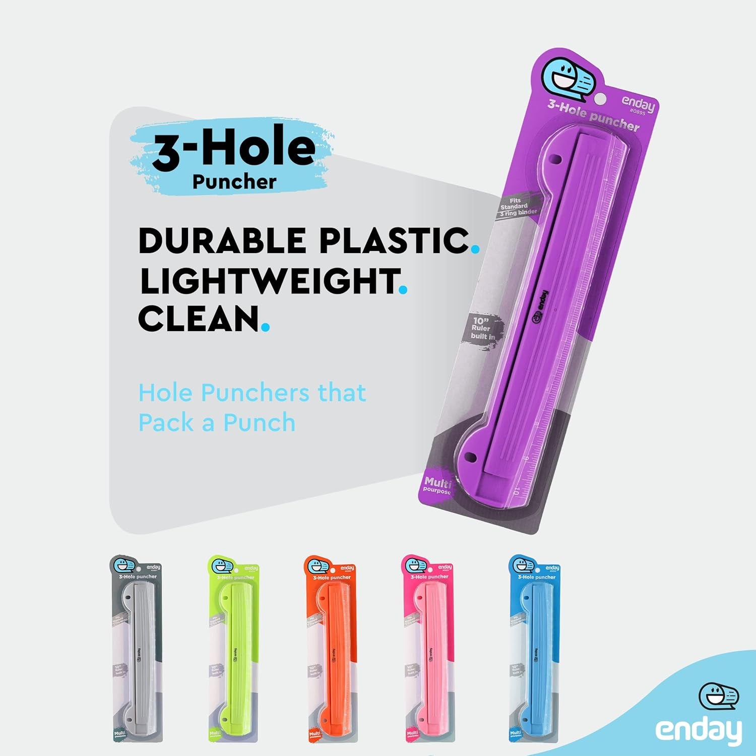 3 Hole Punch, Portable Hole Puncher for 3 Ring Binder, 3 Sheets Capacity, Removable Chip Tray, 10” Ruler for School, Office, in Pink, Purple, Blue, Green, Red, Grey, Multicolor (6 Pack) - by