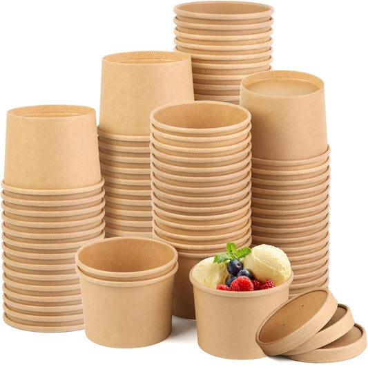 50 Pack 12 Oz Paper Soup Cups with Lids, Disposable Kraft Paper Bowls, Paper Soup Containers to Go, Ice Cream Containers for Dessert Yogurt Ice Cream