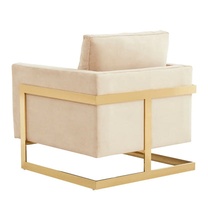 Accent Arm Chair Upholstered in Velvet with Gold Stainless Steel Sled Base and Removable Back and Seat Cushion No Assembly for Home, Bedroom, Office Lincoln Collection in Beige