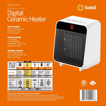 Soleil Electric Digital Ceramic Heater 1500W Indoor White PTC-916W