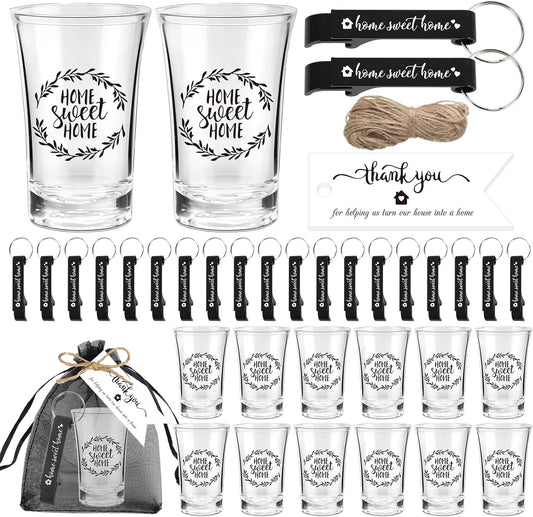28 Sets Return Gifts for Housewarming Sweet Home Acrylic Shot Glasses with Bottle Opener Keychains Organza Bags Thank You Tags for New Home Guests Supplies