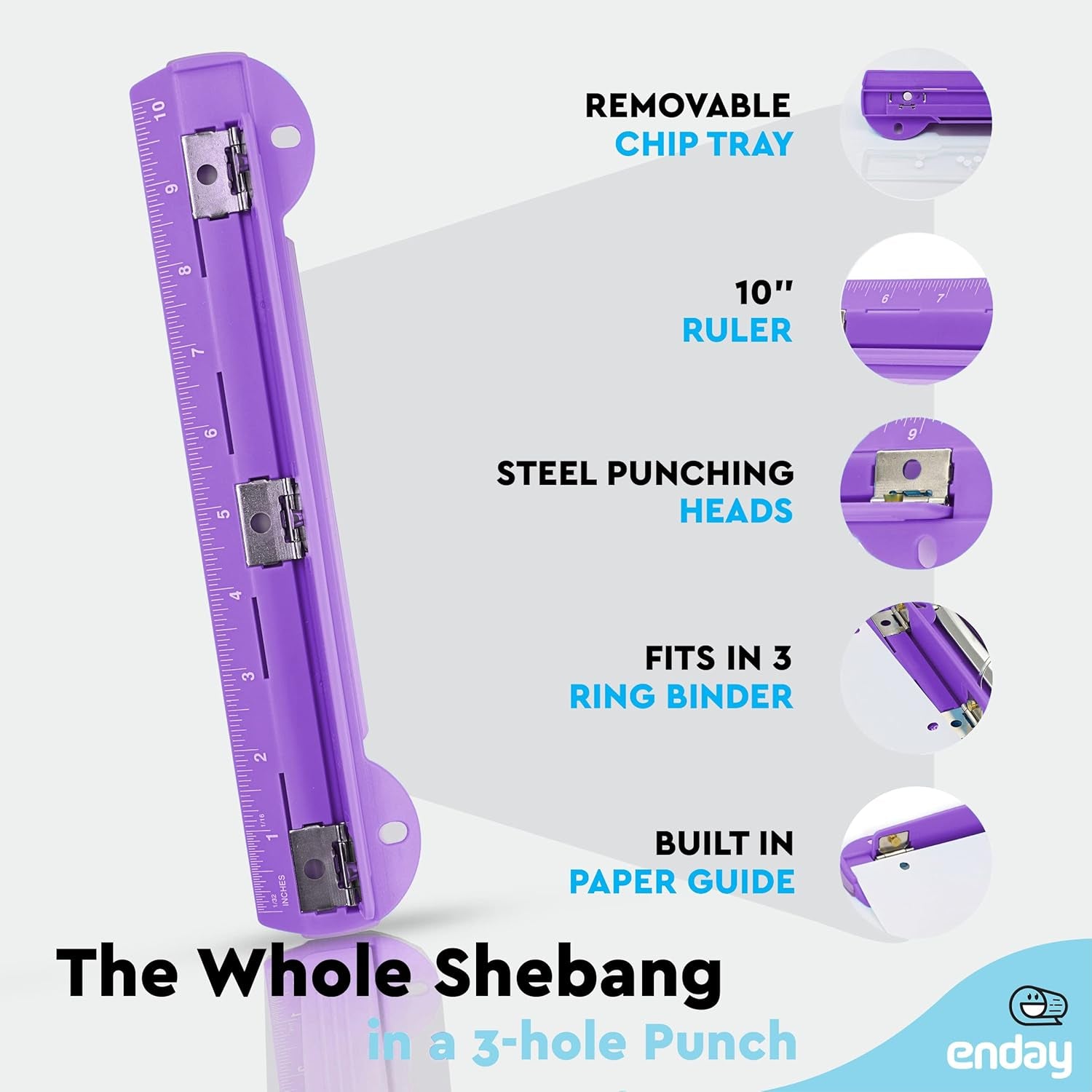 3 Hole Punch, Portable Hole Puncher for 3 Ring Binder, 3 Sheets Capacity, Removable Chip Tray, 10” Ruler for School, Office, in Pink, Purple, Blue, Green, Red, Grey, Multicolor (6 Pack) - by
