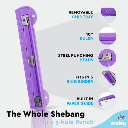 3 Hole Punch, Portable Hole Puncher for 3 Ring Binder, 3 Sheets Capacity, Removable Chip Tray, 10” Ruler for School, Office, in Pink, Purple, Blue, Green, Red, Grey, Multicolor (6 Pack) - by