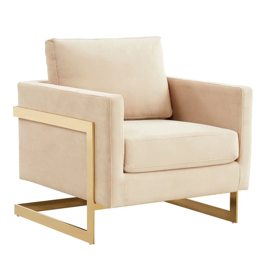 Accent Arm Chair Upholstered in Velvet with Gold Stainless Steel Sled Base and Removable Back and Seat Cushion No Assembly for Home, Bedroom, Office Lincoln Collection in Beige