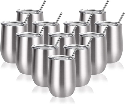 12 Pack Wine Tumblers with Lids and Straws Stainless Steel Wine Tumbler with Lid 12 Pack Wine Tumbler Set of 12 Bulk Tumblers with Lids and Straws for Diy Graduation Party Bridesmaid Gifts 12OZ Silver