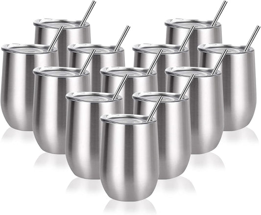 12 Pack Wine Tumblers with Lids and Straws Stainless Steel Wine Tumbler with Lid 12 Pack Wine Tumbler Set of 12 Bulk Tumblers with Lids and Straws for Diy Graduation Party Bridesmaid Gifts 12OZ Silver