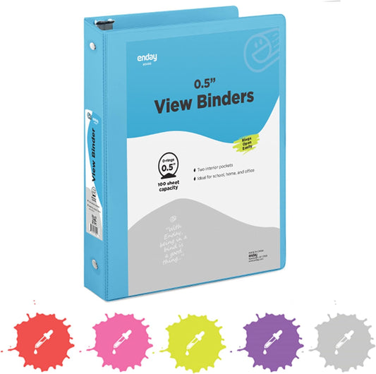 ½ Inch 3 Ring Binder .5 Inch Blue Clear View Cover with 2 inside Pockets, Colored School Supplies Office and Home Binders – by