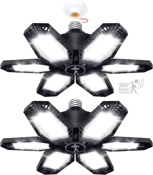 Motion Sensor Garage Light 2 Pack 150W Deformable LED Garage Lights Sensor Bright Garage Lights Motion Activated LED Shop Light with 6 Adjustable Wings for Garage Basement Attic Shop Workshop