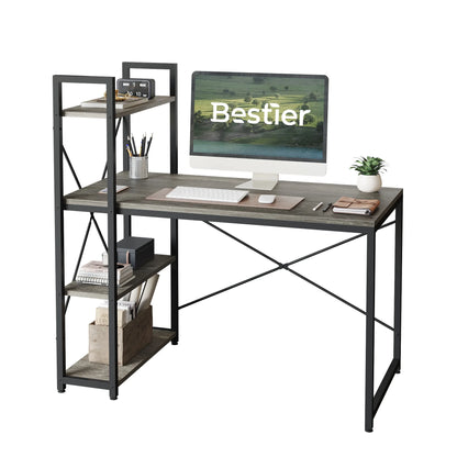 47" Computer Desk with Adjustable Shelves, Writing Desk with Reversible Bookshelf, Retro Grey Oak-Dark