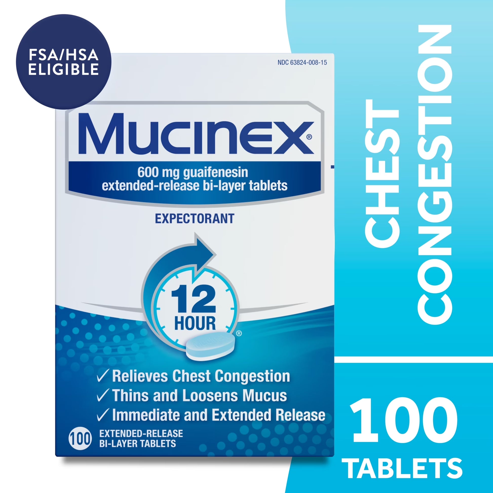 (2 Pack)  12 Hour Expectorant, OTC Medicine for Excess Mucus Relief, Chest Congestion, 100 Tablets
