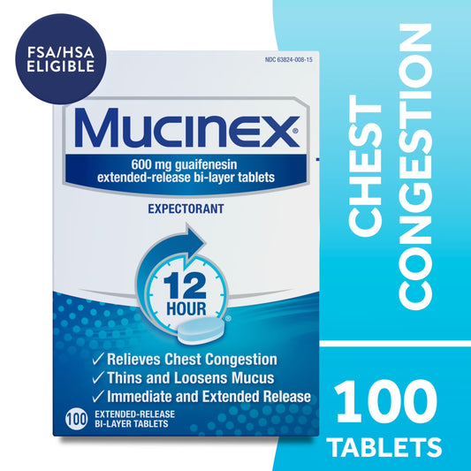 (2 Pack)  12 Hour Expectorant, OTC Medicine for Excess Mucus Relief, Chest Congestion, 100 Tablets