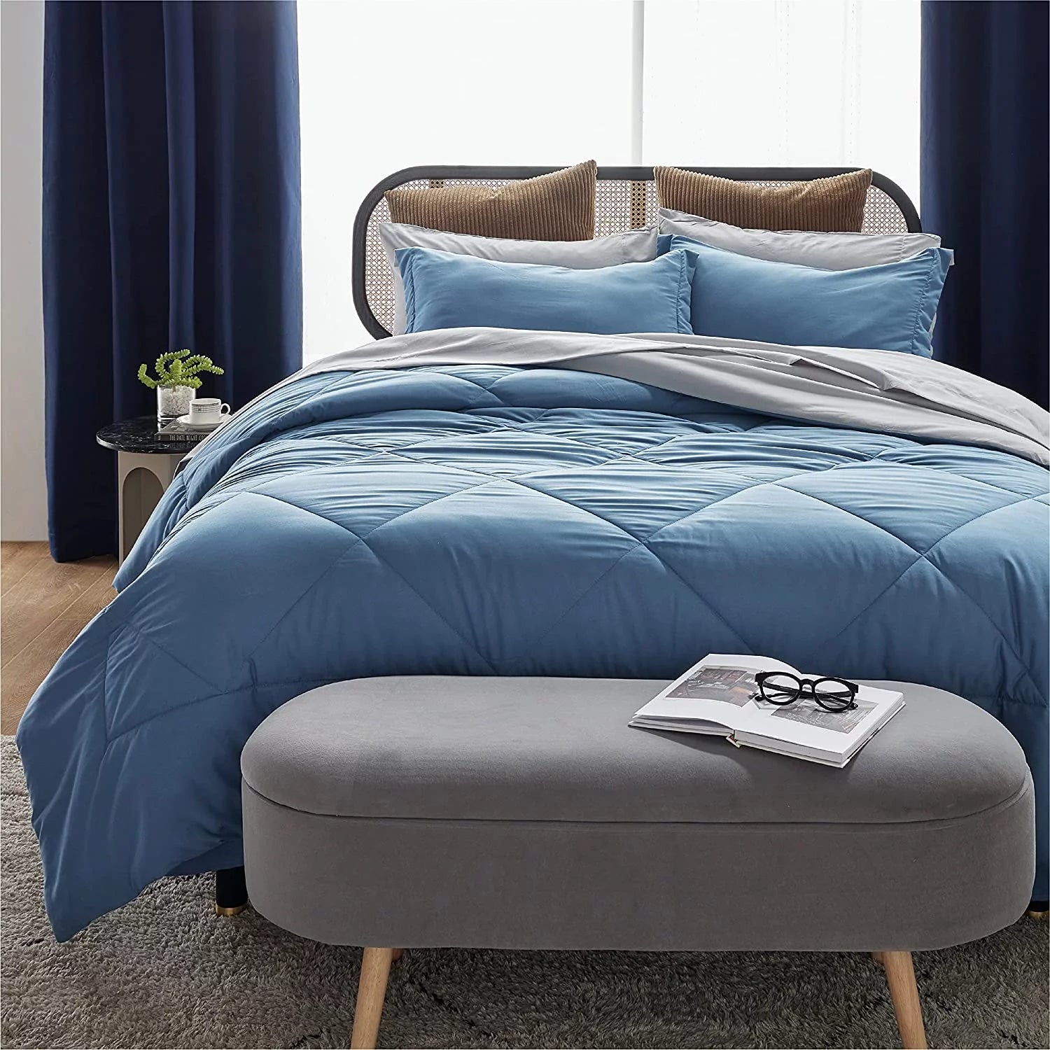 Blue Queen Comforter Set Queen - 7 Pieces Reversible Blue Bed in a Bag with Comforters, Sheets, Pillowcases & Shams, Queen Blue Bed Set