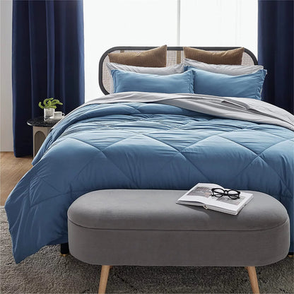 Blue Queen Comforter Set Queen - 7 Pieces Reversible Blue Bed in a Bag with Comforters, Sheets, Pillowcases & Shams, Queen Blue Bed Set