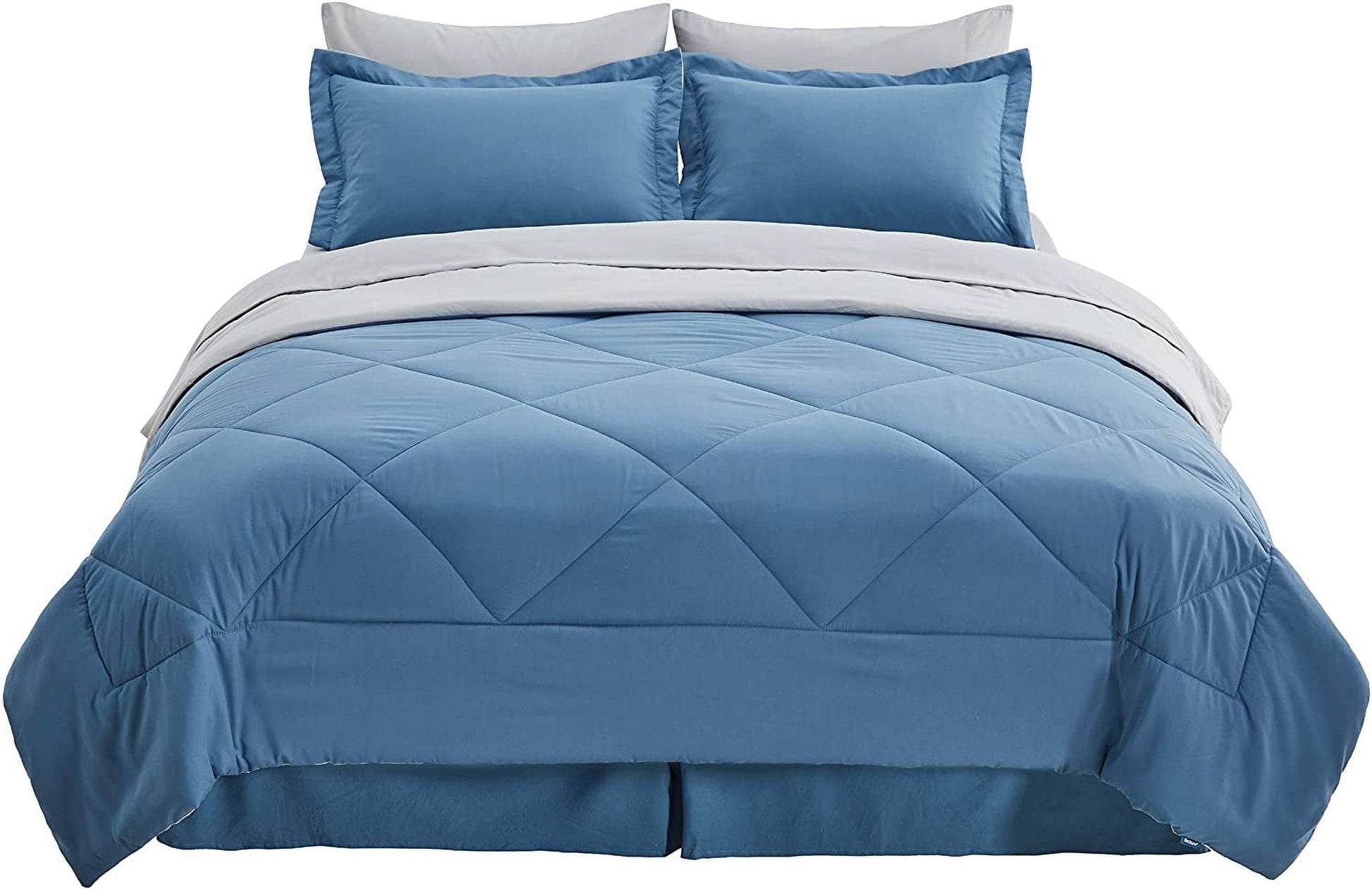 Blue Queen Comforter Set Queen - 7 Pieces Reversible Blue Bed in a Bag with Comforters, Sheets, Pillowcases & Shams, Queen Blue Bed Set