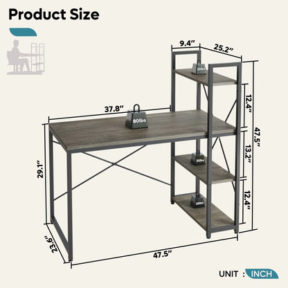 47" Computer Desk with Adjustable Shelves, Writing Desk with Reversible Bookshelf, Retro Grey Oak-Dark