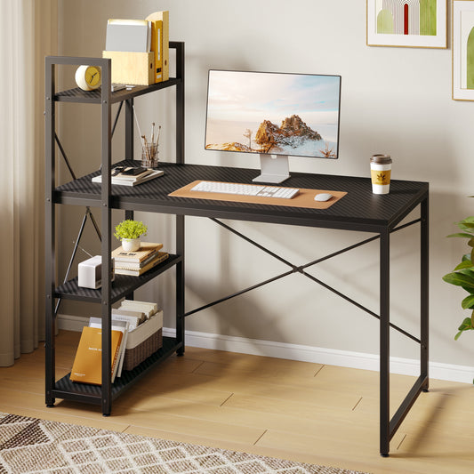 47" Computer Desk with Adjustable Shelves, Writing Desk with Reversible Bookshelf, Black 3D Carbon Fiber