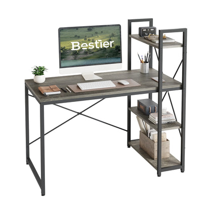 47" Computer Desk with Adjustable Shelves, Writing Desk with Reversible Bookshelf, Retro Grey Oak-Dark