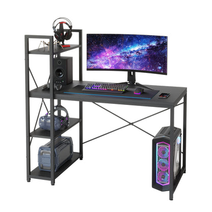 47" Computer Desk with Adjustable Shelves, Writing Desk with Reversible Bookshelf, Black 3D Carbon Fiber