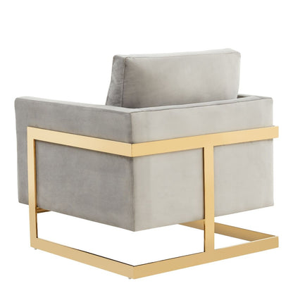 Accent Arm Chair Upholstered in Velvet with Gold Stainless Steel Sled Base and Removable Back and Seat Cushion No Assembly for Home, Bedroom, Office Lincoln Collection in Light Grey