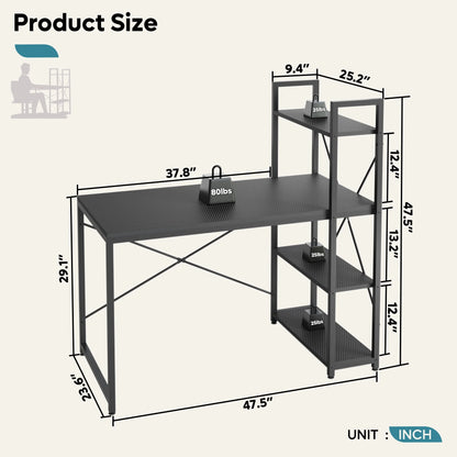 47" Computer Desk with Adjustable Shelves, Writing Desk with Reversible Bookshelf, Black 3D Carbon Fiber