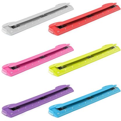 3 Hole Punch, Portable Hole Puncher for 3 Ring Binder, 3 Sheets Capacity, Removable Chip Tray, 10” Ruler for School, Office, in Pink, Purple, Blue, Green, Red, Grey, Multicolor (6 Pack) - by