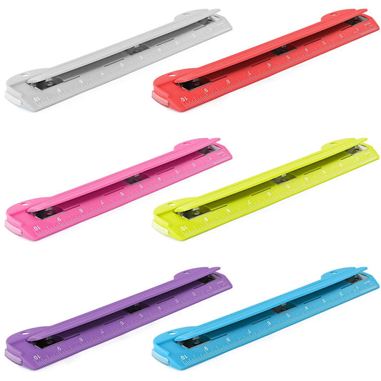 3 Hole Punch, Portable Hole Puncher for 3 Ring Binder, 3 Sheets Capacity, Removable Chip Tray, 10” Ruler for School, Office, in Pink, Purple, Blue, Green, Red, Grey, Multicolor (6 Pack) - by