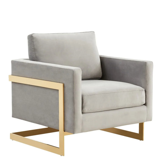 Accent Arm Chair Upholstered in Velvet with Gold Stainless Steel Sled Base and Removable Back and Seat Cushion No Assembly for Home, Bedroom, Office Lincoln Collection in Light Grey