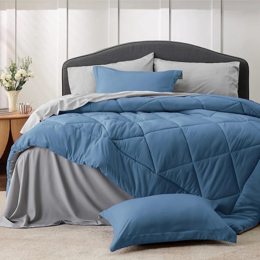 Blue Queen Comforter Set Queen - 7 Pieces Reversible Blue Bed in a Bag with Comforters, Sheets, Pillowcases & Shams, Queen Blue Bed Set