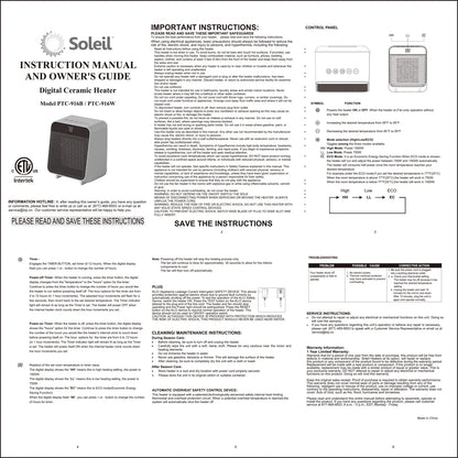 Soleil Electric Digital Ceramic Heater 1500W Indoor White PTC-916W