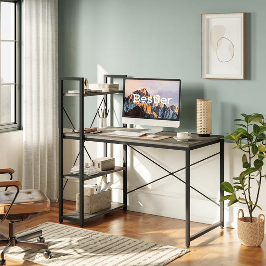 47" Computer Desk with Adjustable Shelves, Writing Desk with Reversible Bookshelf, Retro Grey Oak-Dark