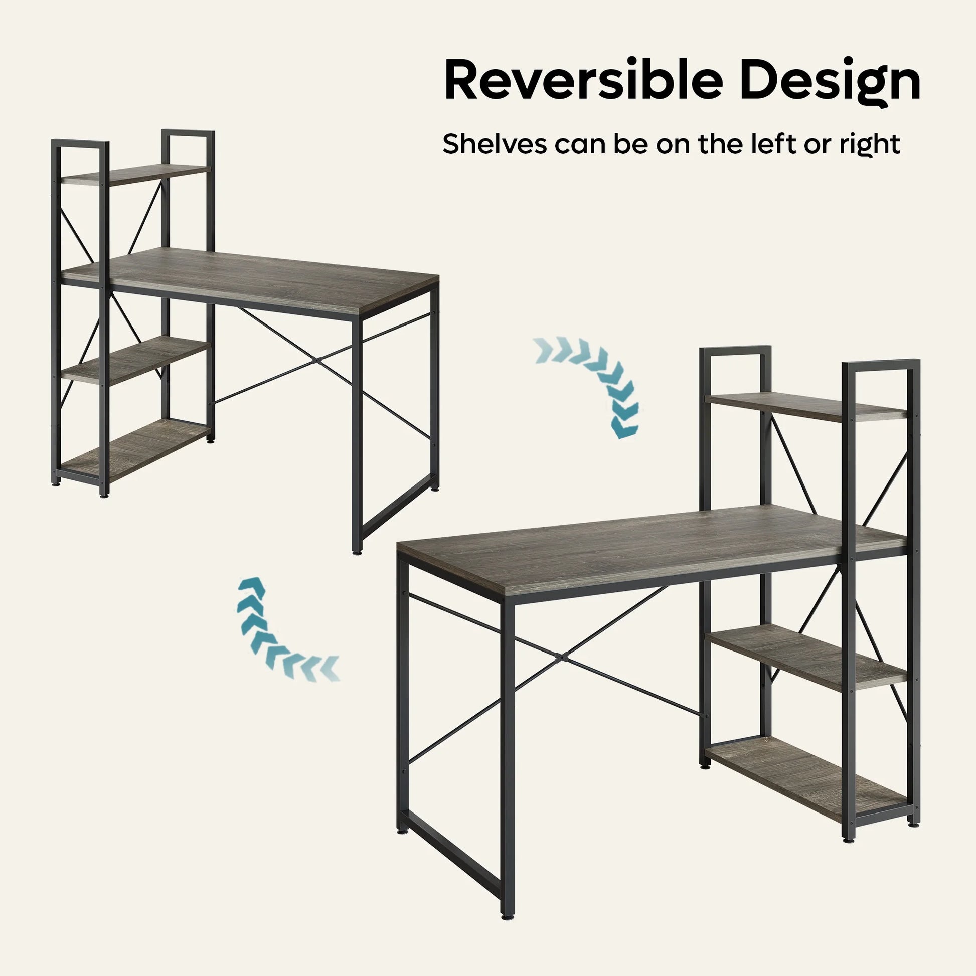 47" Computer Desk with Adjustable Shelves, Writing Desk with Reversible Bookshelf, Retro Grey Oak-Dark