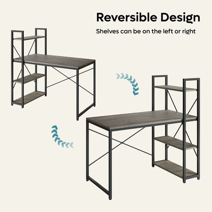 47" Computer Desk with Adjustable Shelves, Writing Desk with Reversible Bookshelf, Retro Grey Oak-Dark